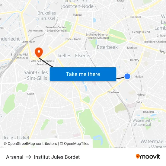 Arsenal to Institut Jules Bordet map