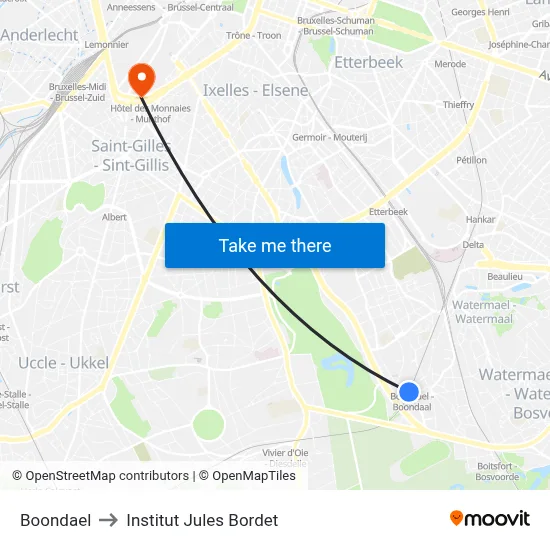 Boondael to Institut Jules Bordet map