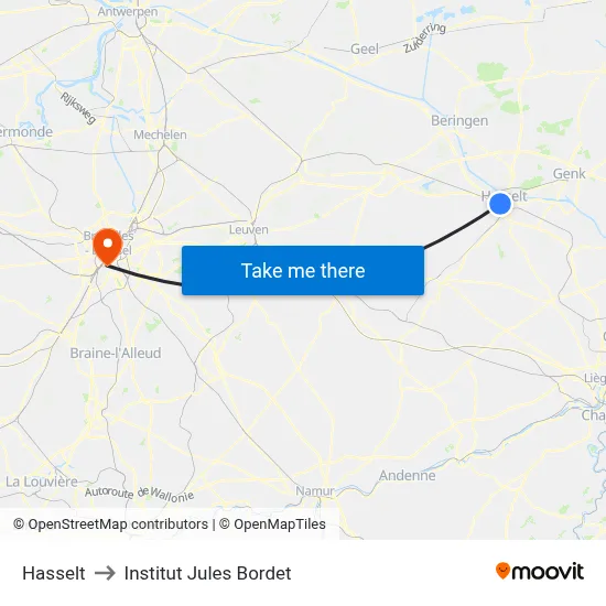 Hasselt to Institut Jules Bordet map