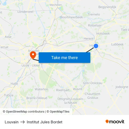 Louvain to Institut Jules Bordet map