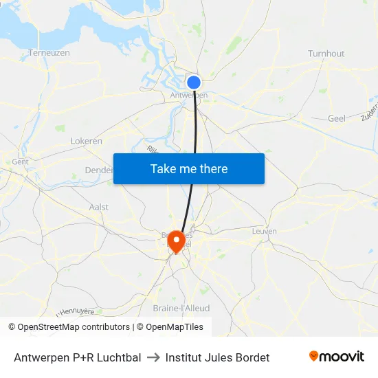 Antwerpen P+R Luchtbal to Institut Jules Bordet map
