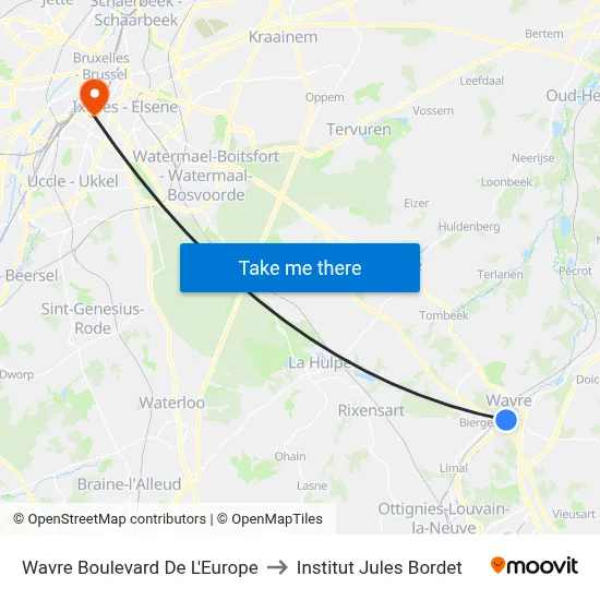 Wavre Boulevard De L'Europe to Institut Jules Bordet map