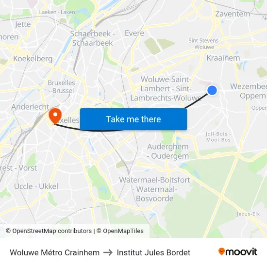 Woluwe Métro Crainhem to Institut Jules Bordet map