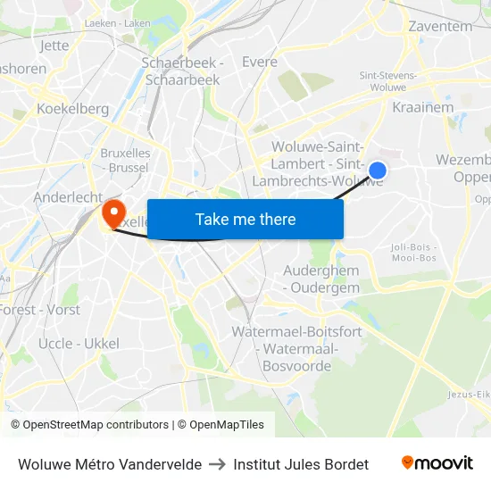 Woluwe Métro Vandervelde to Institut Jules Bordet map