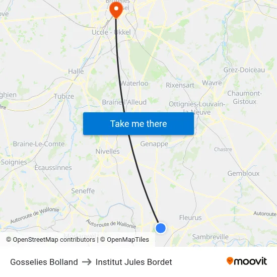 Gosselies Bolland to Institut Jules Bordet map