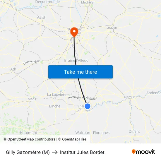 Gilly Gazomètre (M) to Institut Jules Bordet map
