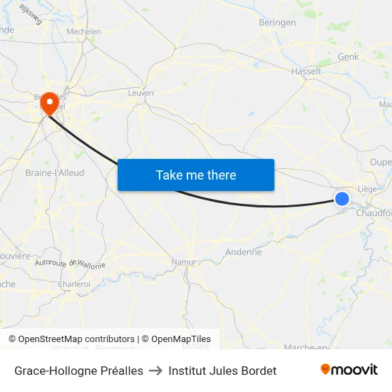 Grace-Hollogne Préalles to Institut Jules Bordet map