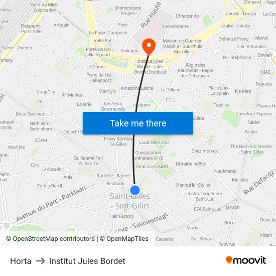 Horta to Institut Jules Bordet map