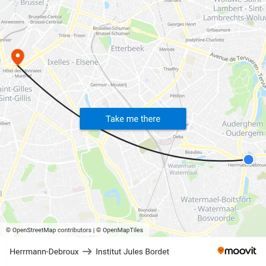 Herrmann-Debroux to Institut Jules Bordet map
