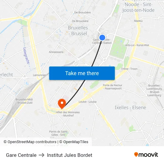Gare Centrale to Institut Jules Bordet map