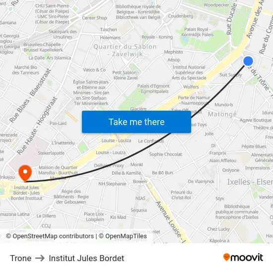Trone to Institut Jules Bordet map