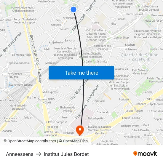 Anneessens to Institut Jules Bordet map