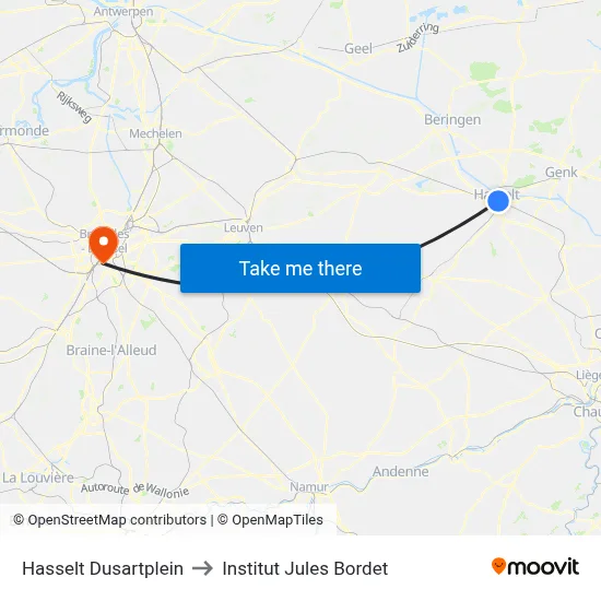 Hasselt Dusartplein to Institut Jules Bordet map