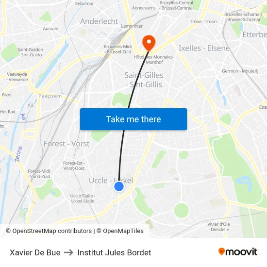 Xavier De Bue to Institut Jules Bordet map