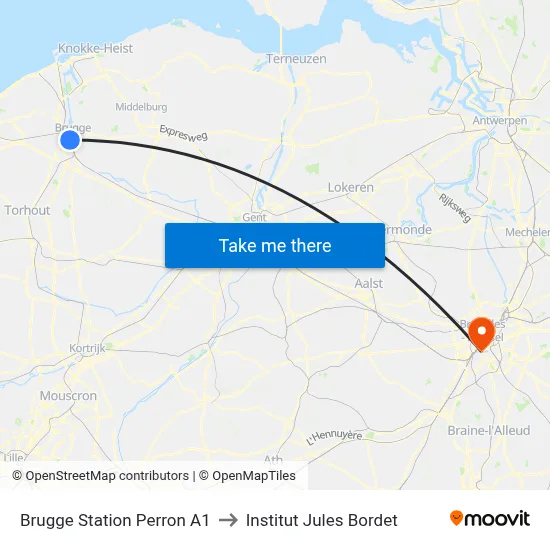 Brugge Station Perron A1 to Institut Jules Bordet map