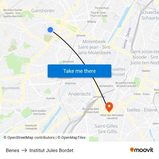 Benes to Institut Jules Bordet map
