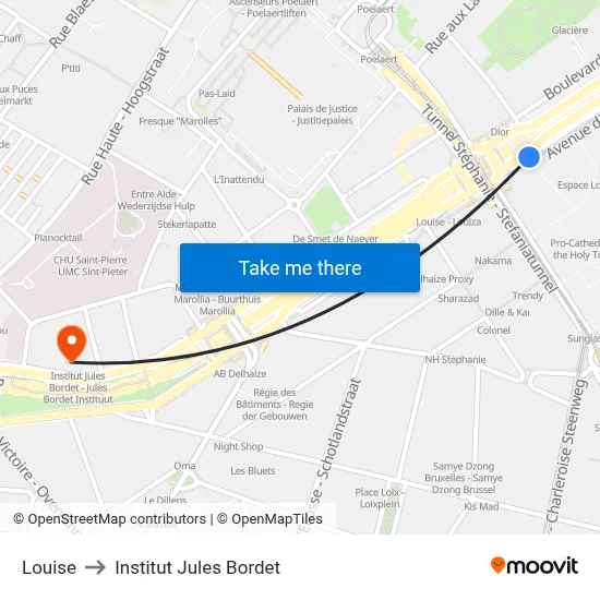 Louise to Institut Jules Bordet map
