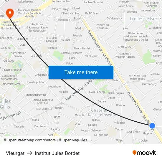 Vleurgat to Institut Jules Bordet map