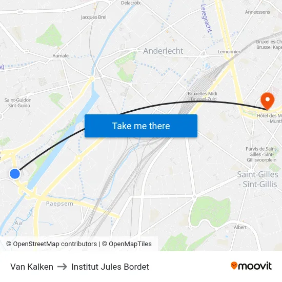 Van Kalken to Institut Jules Bordet map