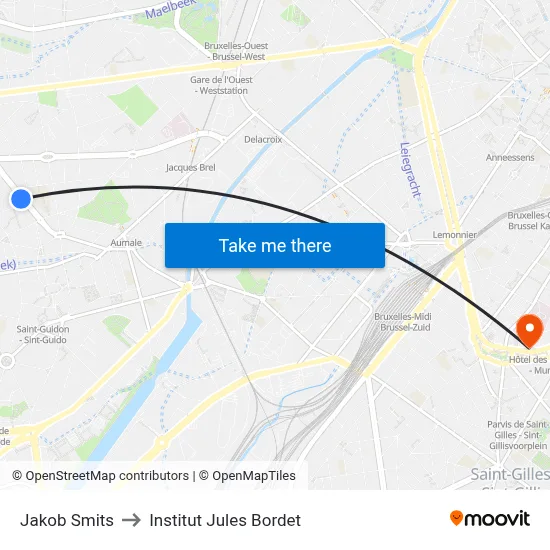 Jakob Smits to Institut Jules Bordet map