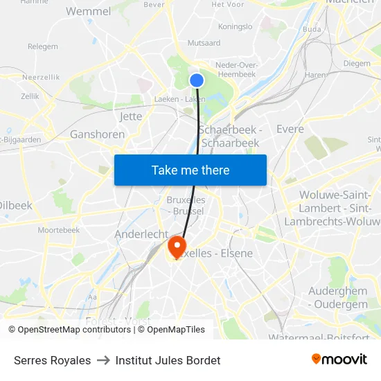 Royal Greenhouses to Jules Bordet Institute map