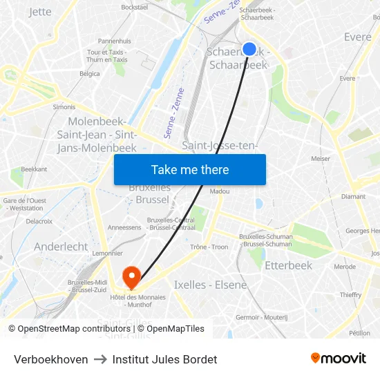 Verboekhoven to Institut Jules Bordet map