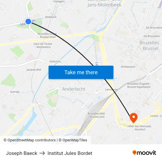 Joseph Baeck to Institut Jules Bordet map