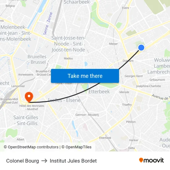 Colonel Bourg to Institut Jules Bordet map