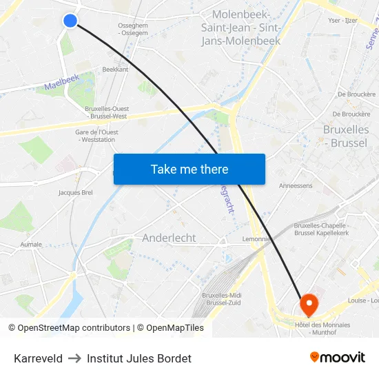 Karreveld to Institut Jules Bordet map