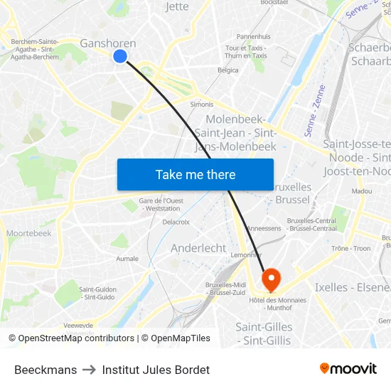 Beeckmans to Institut Jules Bordet map
