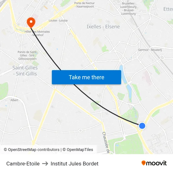 Cambre-Etoile to Institut Jules Bordet map