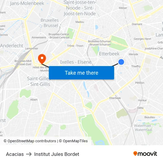 Acacias to Institut Jules Bordet map