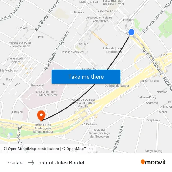 Poelaert to Institut Jules Bordet map