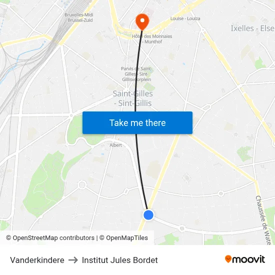Vanderkindere to Institut Jules Bordet map