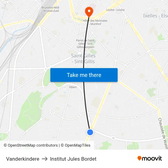 Vanderkindere to Jules Bordet Institute map