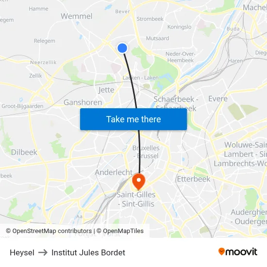 Heysel to Institut Jules Bordet map