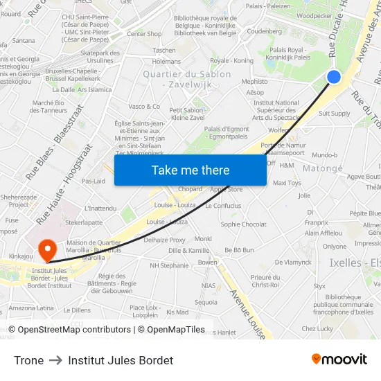 Trone to Institut Jules Bordet map