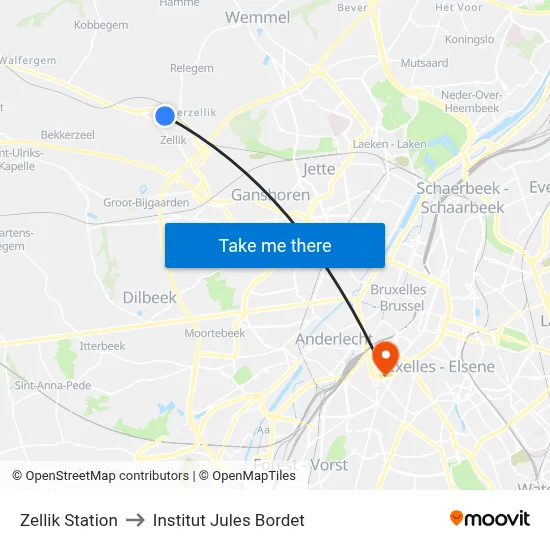 Zellik Station to Institut Jules Bordet map