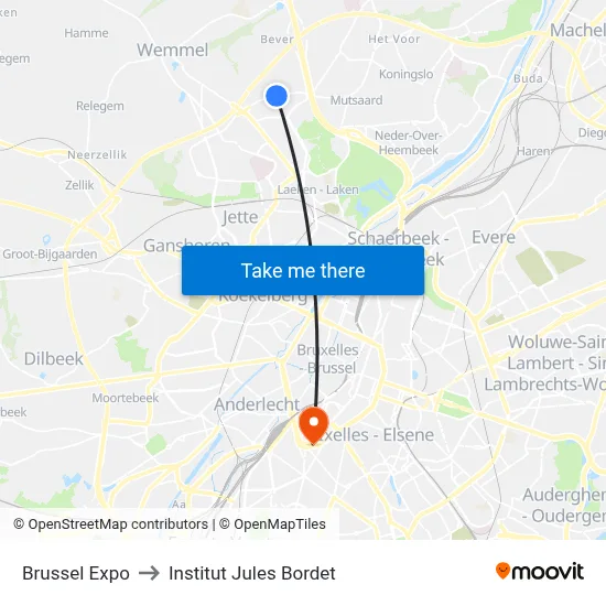 Brussel Expo to Institut Jules Bordet map