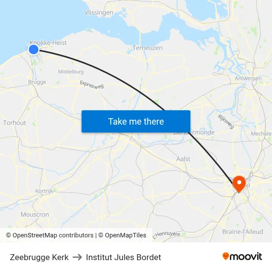 Zeebrugge Kerk to Institut Jules Bordet map