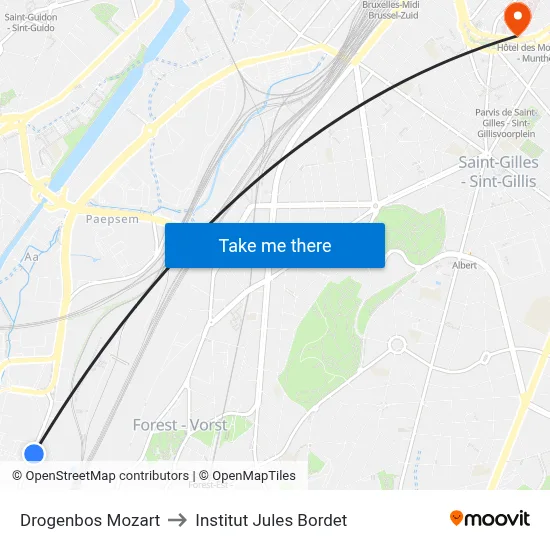 Drogenbos Mozart to Institut Jules Bordet map