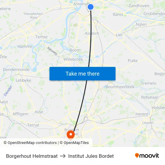 Borgerhout Helmstraat to Institut Jules Bordet map