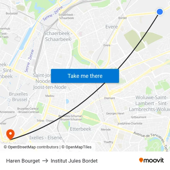 Haren Bourget to Institut Jules Bordet map