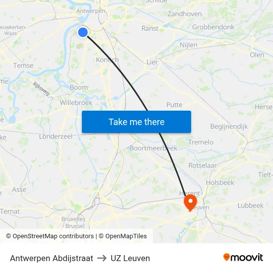 Antwerpen Abdijstraat to UZ Leuven map