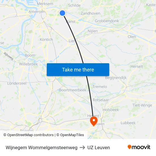 Wijnegem Wommelgemsteenweg to UZ Leuven map