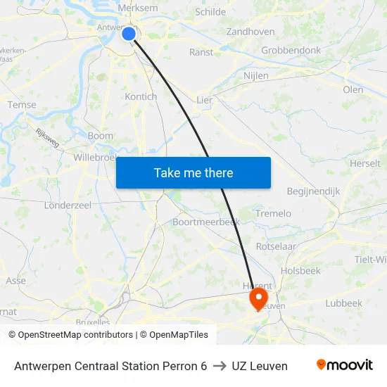 Antwerpen Centraal Station Perron 6 to UZ Leuven map