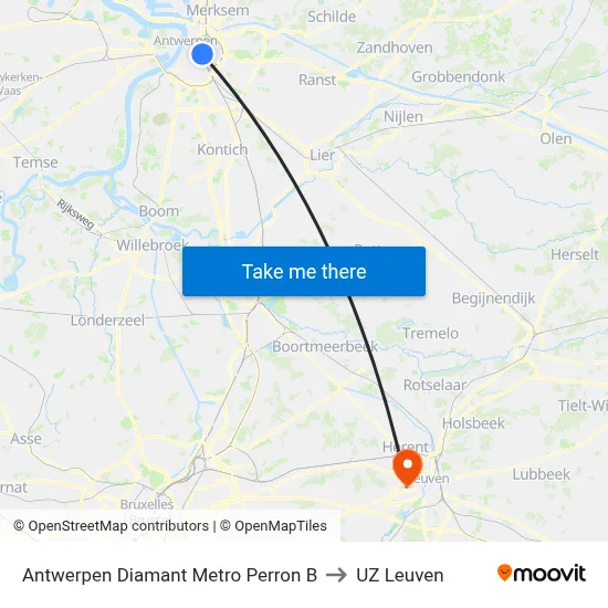 Antwerpen Diamant Metro Perron B to UZ Leuven map
