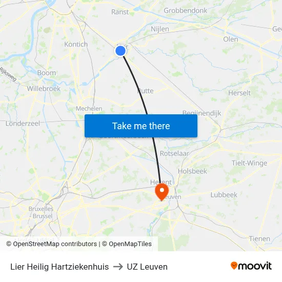 Lier Heilig Hartziekenhuis to UZ Leuven map
