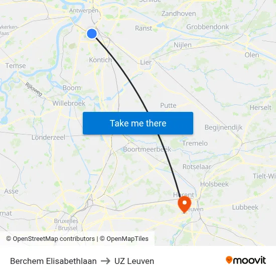 Berchem Elisabethlaan to UZ Leuven map