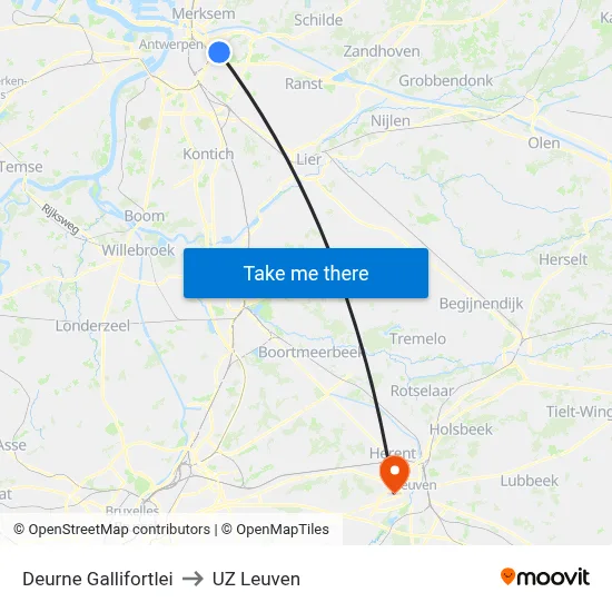 Deurne Gallifortlei to UZ Leuven map